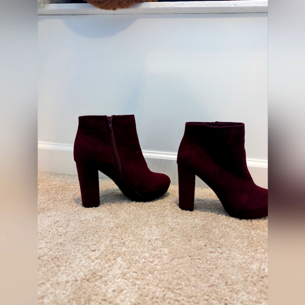 Maroon velvet booties